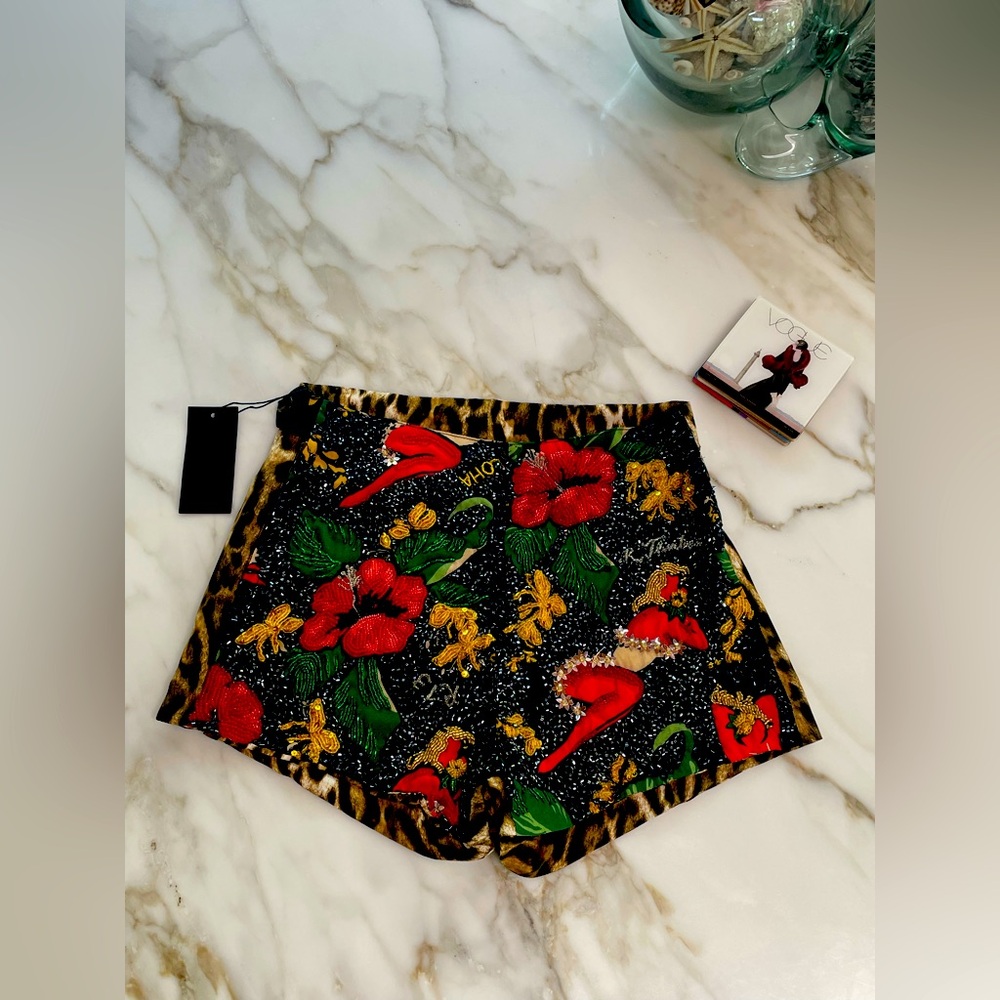 R13 Black Floral & Leopard Print Satin Shorts with Red Flowers